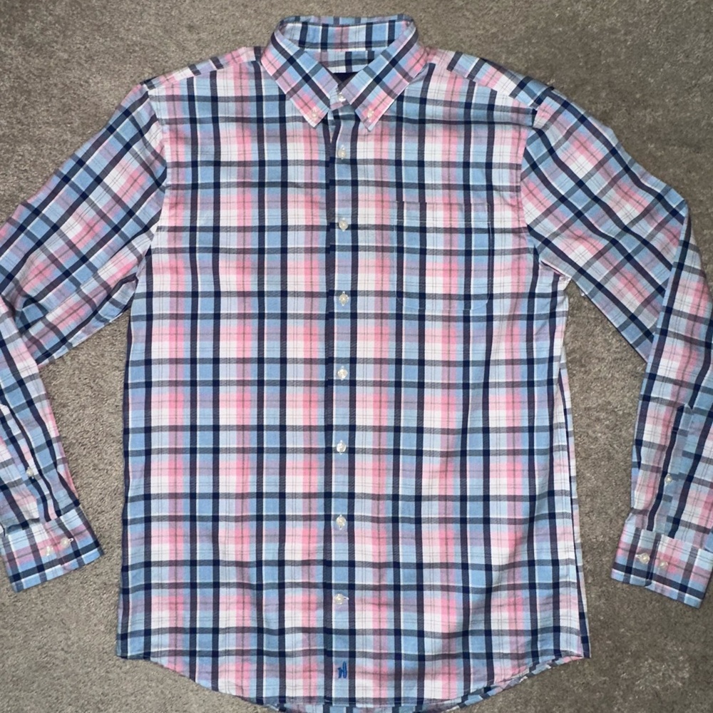Men's Johnnie-O Blue and Pink Plaid Button-Up Shirt
